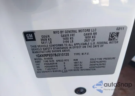 2011 GMC Acadia Sle from USA, damaged, VIN 1GKKRPED7BJ310120